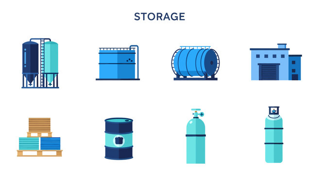 Collection of flat design storage icons including silos tanks warehouse barrels and gas cylinders no background