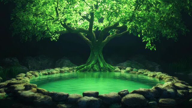 A vibrant ancient tree with glowing green leaves emerges from an emerald mystical pool ringed by large weathered rocks