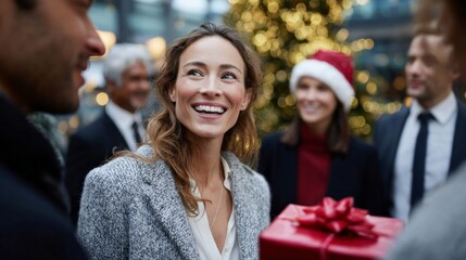 In a festive setting, executives gather to share smiles and exchange Christmas gifts, creating an uplifting spirit filled with joy, laughter, and holiday cheer