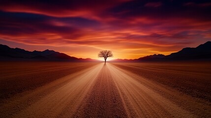 Solitary tree stands centered on a dirt path under a vibrant sunset with distant mountains.