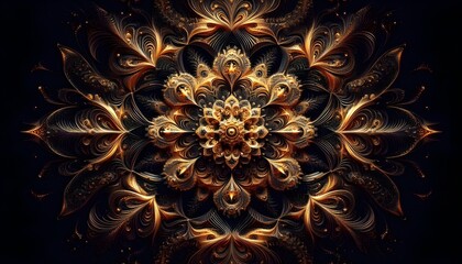 Golden symmetrical abstract flower pattern art. AI Generated, Generative AI