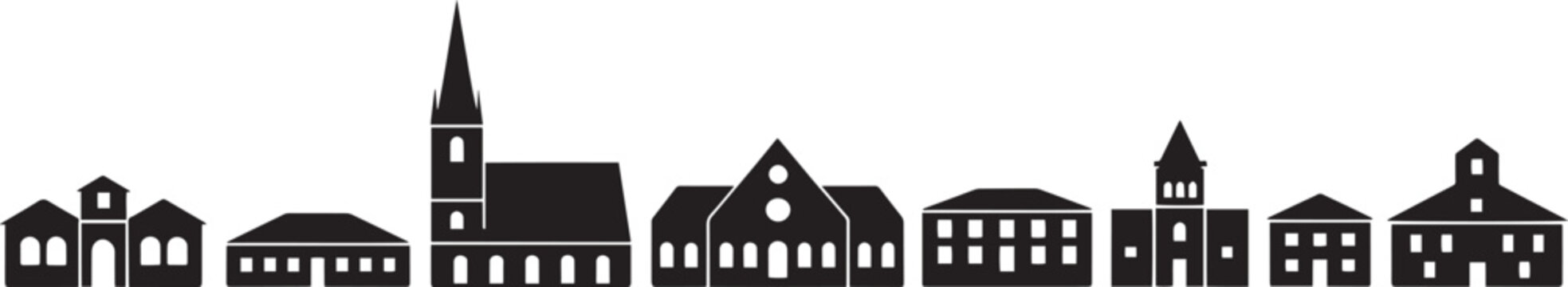 Small town village silhouette skyline with various historic residential and community buildings vector illustration