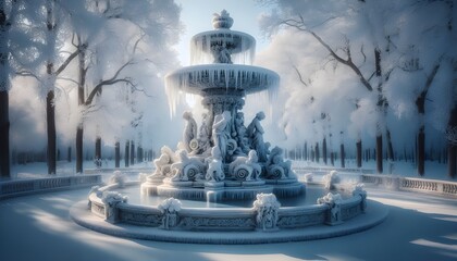 Winter fountain frozen in snowy landscape. AI Generated, Generative AI