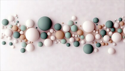 A collection of spheres in various sizes and muted pastel colors are arranged in a dynamic, flowing pattern on a textured light surface.