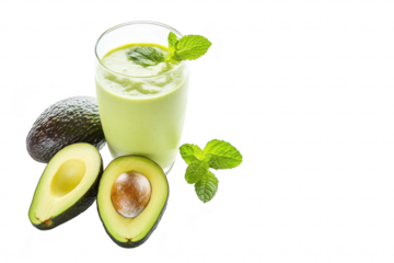 Refreshing avocado smoothie in a clear glass garnished with mint leaves. placed beside whole avocados and a halved avocado. set against a clean white background. ideal for health and wellness content