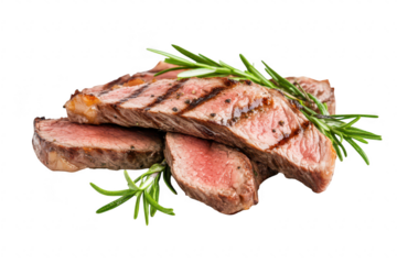 A beautifully arranged plate of grilled steak slices garnished with fresh rosemary. a mouthwatering presentation ideal for culinary promotions or gourmet recipe illustrations