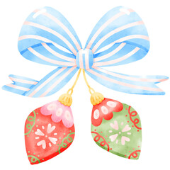 Cute Festive Watercolor Christmas Ornament Decoration with Red Bow. Vintage Holiday Illustration Retro Christmas