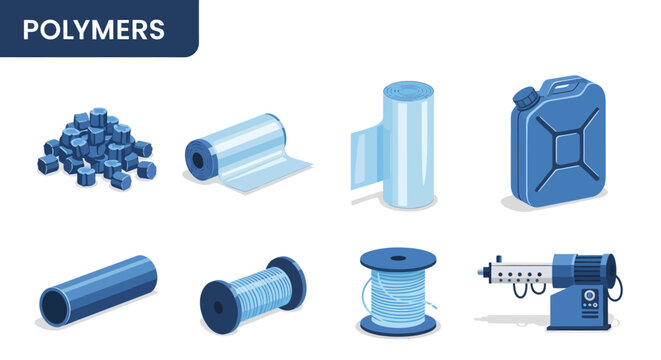 Isometric illustration of various blue polymer products and machinery no background