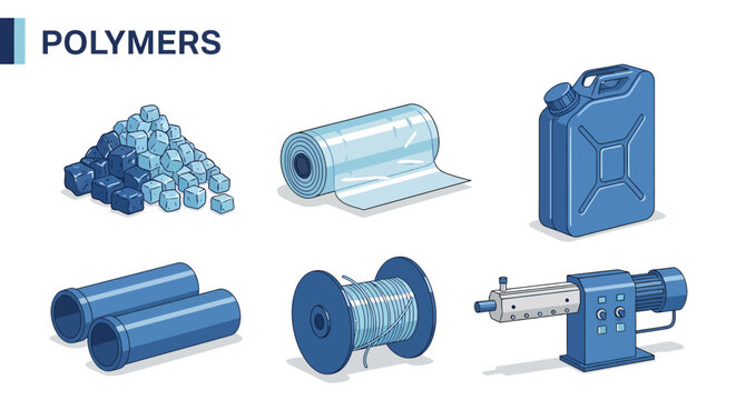 Illustration showing various plastic products and processing equipment under the heading POLYMERS