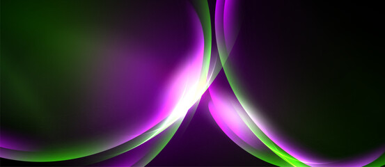 Abstract design features flowing curves, vibrant purple, green hues. Dark background emphasizes luminosity, creating dynamic visual effect.