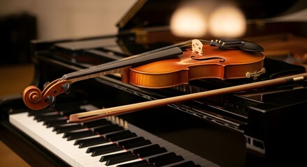 Violin and Bow Resting on Piano Keys in Soft Light.