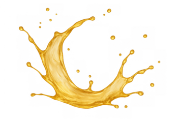 Golden liquid splash with droplets frozen in motion, showing a dynamic flow. Food, cooking oil, or juice concept