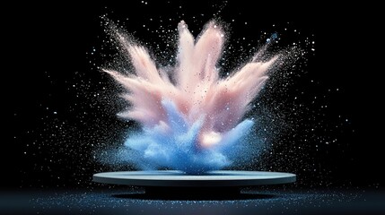 A dynamic explosion of pink and blue powder erupts from a circular platform, scattering fine glitter particles against a dark background.