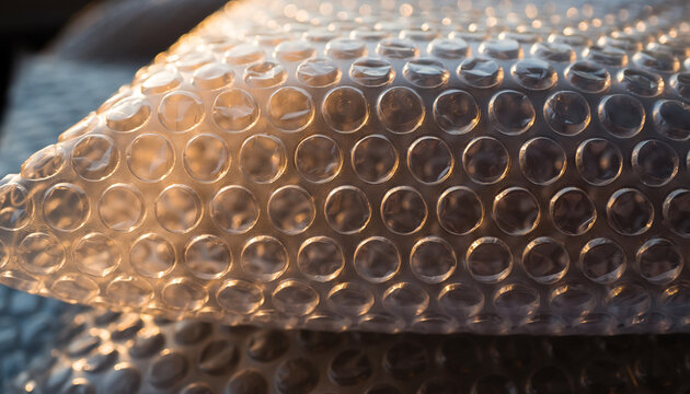 Close-up view of clear plastic bubble wrap with light reflecting on its surface, used for protective packaging.