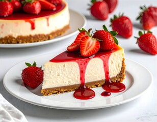 Ein köstliches Stück Käsekuchen mit roten Erdbeeren  auf einem Teller.