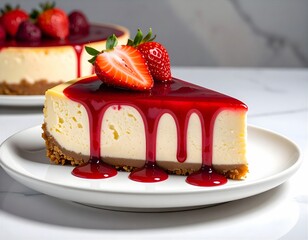 Ein köstliches Stück Käsekuchen mit roten Erdbeeren  auf einem Teller.