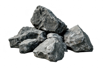 A collection of large. rough-edged rocks piled together. their textured surfaces and various shades of gray. set against a clean white background. ideal for nature or geology-related projects