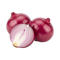 Red onion bulbs fresh whole and sliced for salad recipes and cooking ingredients isolated on transparent background