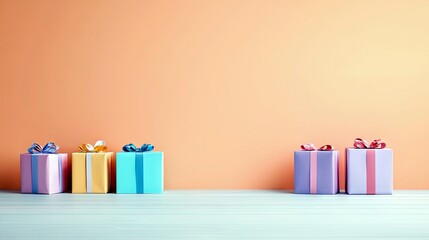 Five colorful gift boxes with ribbons are arranged on a light blue wooden surface in front of an orange wall, suggesting a celebration or special occasion.