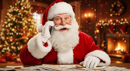 Man in Santa Claus costume talking on a phone, sitting at a desk with letters. Christmas holiday concept.