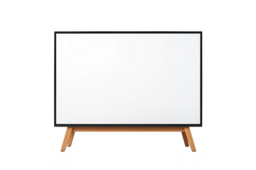 A modern minimalist television set with a sleek wooden stand. placed in a bright. uncluttered living room. creating a serene ambiance perfect for relaxation and entertainment