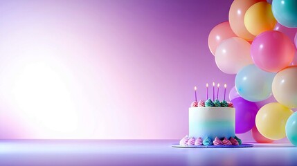A beautifully decorated birthday cake with lit candles stands on a surface, with a cluster of colorful balloons floating behind it.