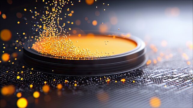 Golden particles cascade onto a dark circular platform, set against a blurred background of technological patterns and glowing bokeh lights.