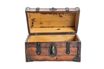 An antique wooden treasure chest with an open lid. its rustic interior and intricate metal fittings. set against a plain white background. ideal for vintage or storage-themed visuals