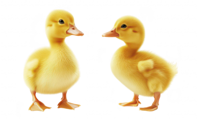 Two fluffy yellow ducklings stand side by side on a clean white background. their adorable features and playful demeanor. ideal for childrens products or nature-themed content