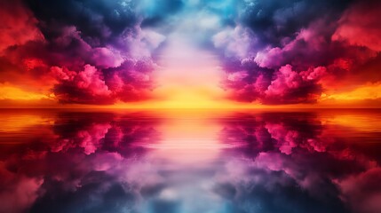 Fototapeta premium Surreal clouds reflect on a calm body of water under a colorful and radiant sky.