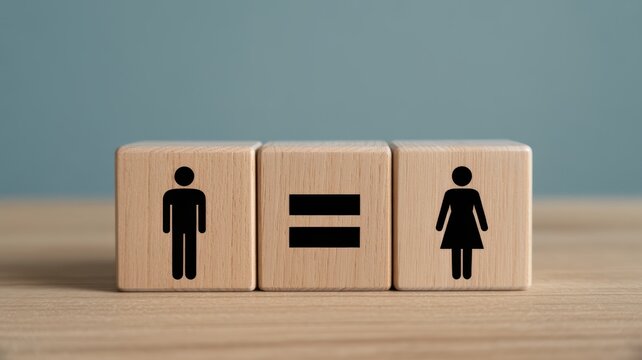 Wooden blocks display male and female symbols separated by an equals sign symbolizing parity