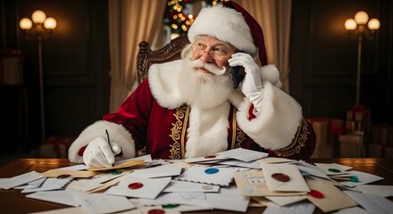 Man in Santa Claus costume talking on a phone, sitting at a desk with letters. Christmas holiday concept.
