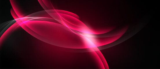 Abstract design features flowing pink lines, curves, bright light against dark background. Modern, dynamic composition.