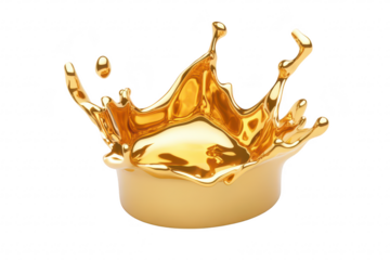 A golden splash captured in mid-air. the fluid dynamics of liquid gold. with a smooth white background enhancing the visual appeal for artistic or commercial use