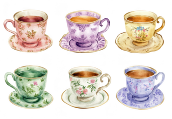 A beautifully arranged collection of six vintage tea cups in various colors and floral patterns. each with matching saucers. a charming tea party setting against a simple white background