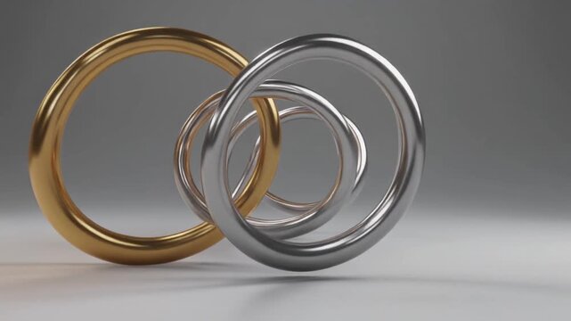 Metallic rings interlocking smoothly while rotating with luxurious silver gold reflections under gentle soft lighting