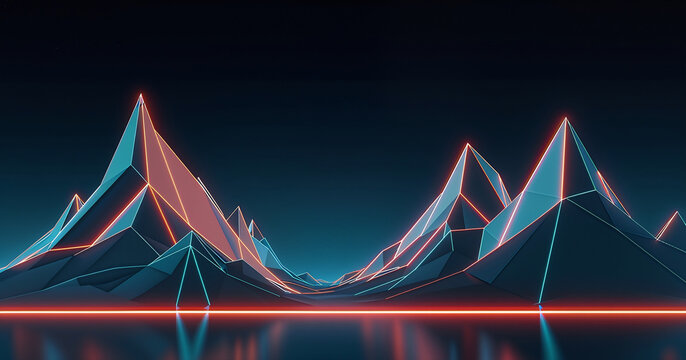 Abstract glowing mountain peaks with neon light reflections on water