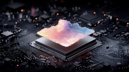 A vibrant, abstract cloud of colorful energy emanates from a central computer processor chip, set against a dark, intricate circuit board.