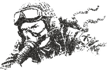 Fototapeta premium Vector stipple drawing of air force pilot profile wearing helmet and tactical equipment in monochrome dotwork halftone technique 