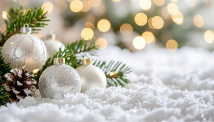 Festive holiday decorations featuring silver ornaments and pinecones cozy indoor setting photography winter wonderland close-up view celebrating the christmas spirit
