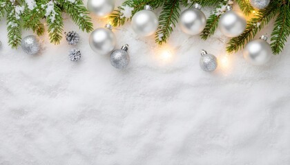 Festive holiday decor with silver ornaments winter wonderland image of christmas decorations cozy atmosphere bird's eye view celebration concept