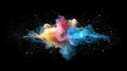 A vibrant, multi-colored cloud of smoke or gas drifts across a black background, adorned with a network of glowing dots and connecting lines.