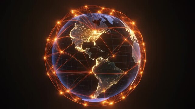Wireframe globe glowing with thousands of connected data points linking worldwide cities through pulsing luminous lines