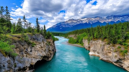 Turquoise river flows between rocky cliffs lined with evergreen trees toward snow-capped mountains under a partly cloudy sky.