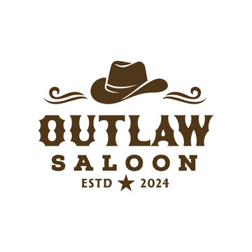 Vintage western logo featuring a cowboy hat with decorative flourishes and bold saloon typography, perfect for bar, pub, ranch, rodeo, and rustic branding projects. Editable Vector File
