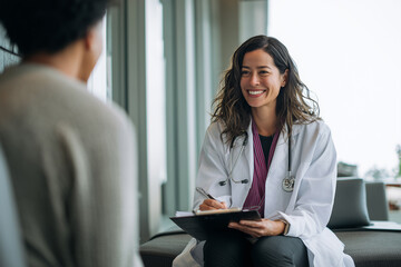 Smiling doctor talking with patient and taking notes during consultation