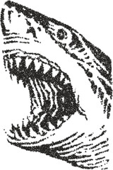 Aggressive great white shark with open mouth, illustrated in a dynamic stipple vector style. Powerful and menacing ocean predator design for themes of danger and wildlife.
