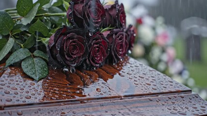 Dark red roses with water drops on a wooden casket during rain. Funeral and mourning concept. Sadness and remembrance.