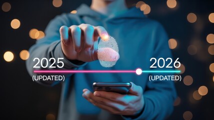Person authenticates digital identity using fingerprint scanner displayed above a mobile device across a timeline from 2025 to 2026