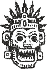 Ancient Aztec or Mayan tribal death mask with skull face, created with a unique stipple vector effect. Historical and cultural illustration for themes of ritual and mythology.
